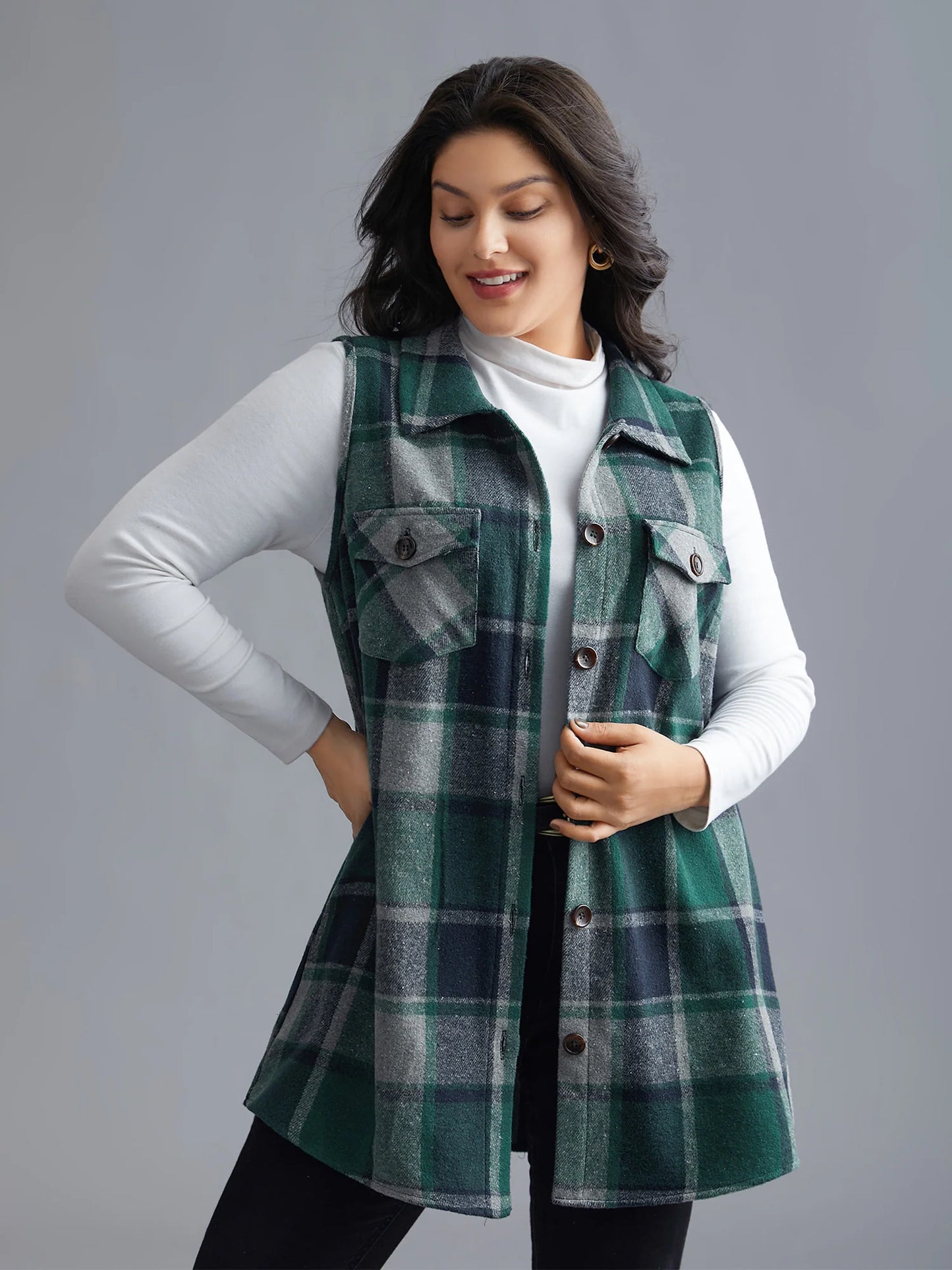 Plaid Flap Detail Sleeveless Jacket
