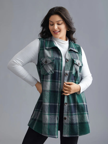 Plaid Flap Detail Sleeveless Jacket