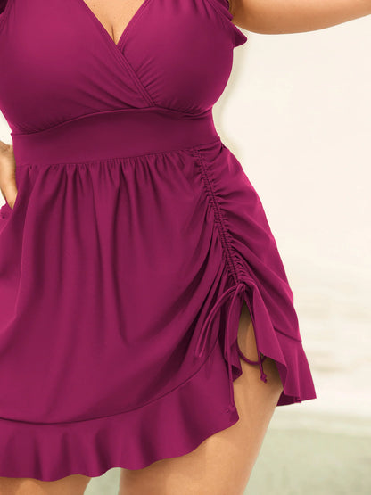 Ruffled Hem Flutter Sleeve Drawstring Swim Dress