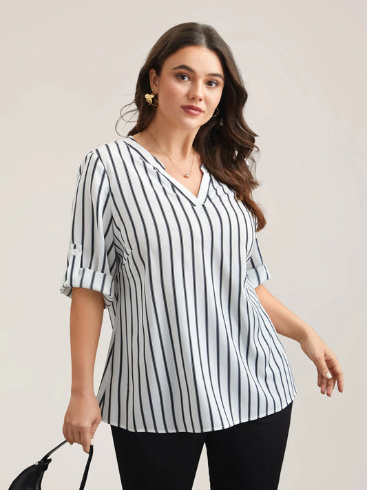 Notched Collar Striped Tab Sleeve Shirt