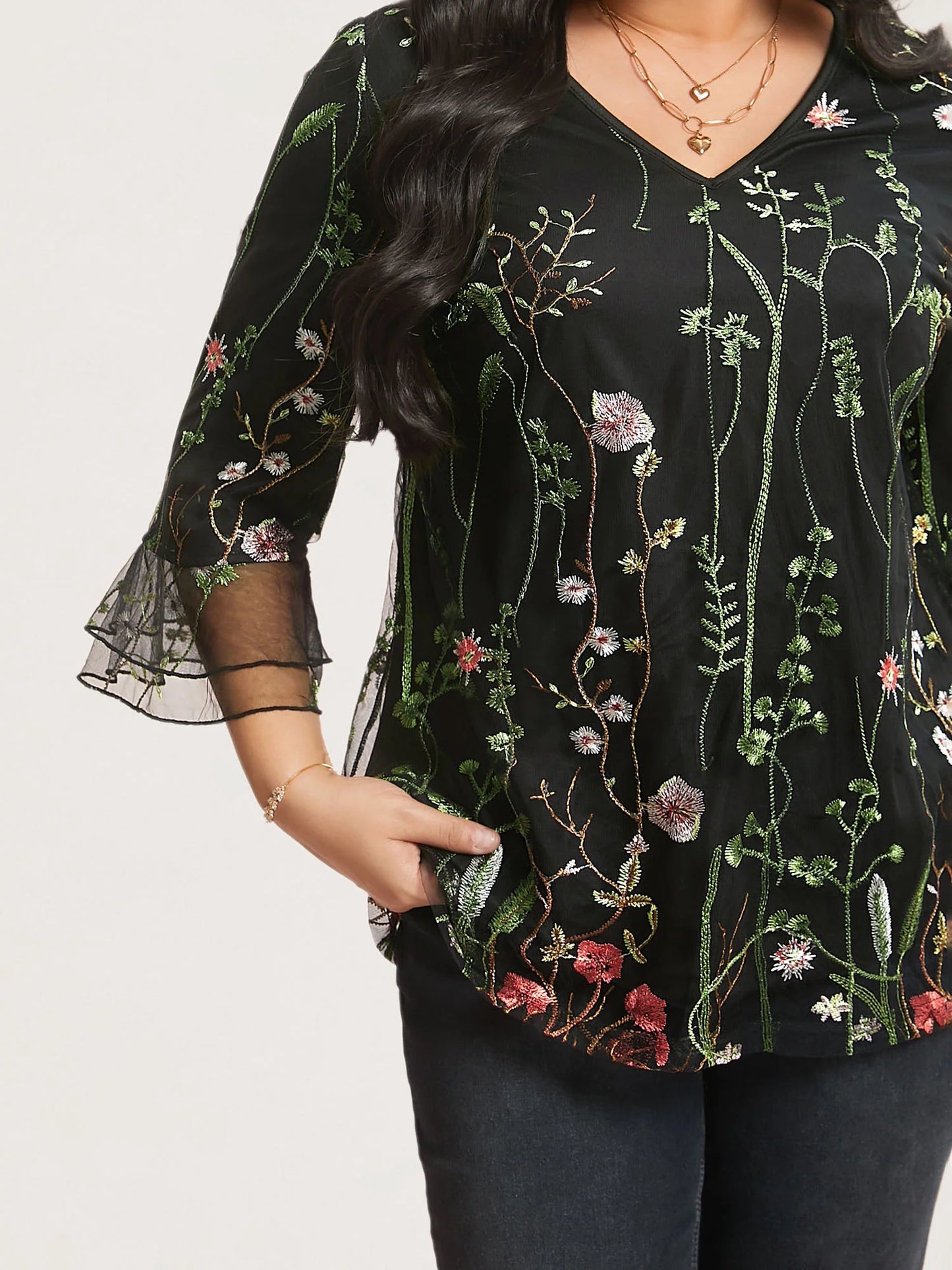 Embroidered Mesh Lotus Leaf Sleeve Blouse