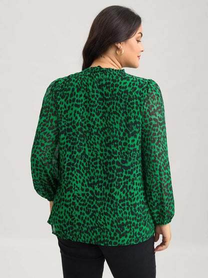 Leopard Print Tie Knot Lantern Sleeve Blouse