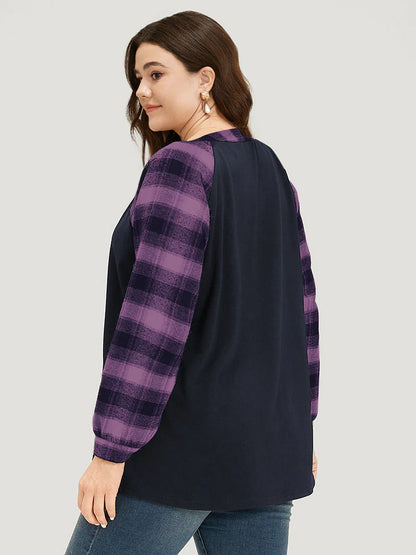 Plaid Patchwork Notched Button Detail Sweatshirt