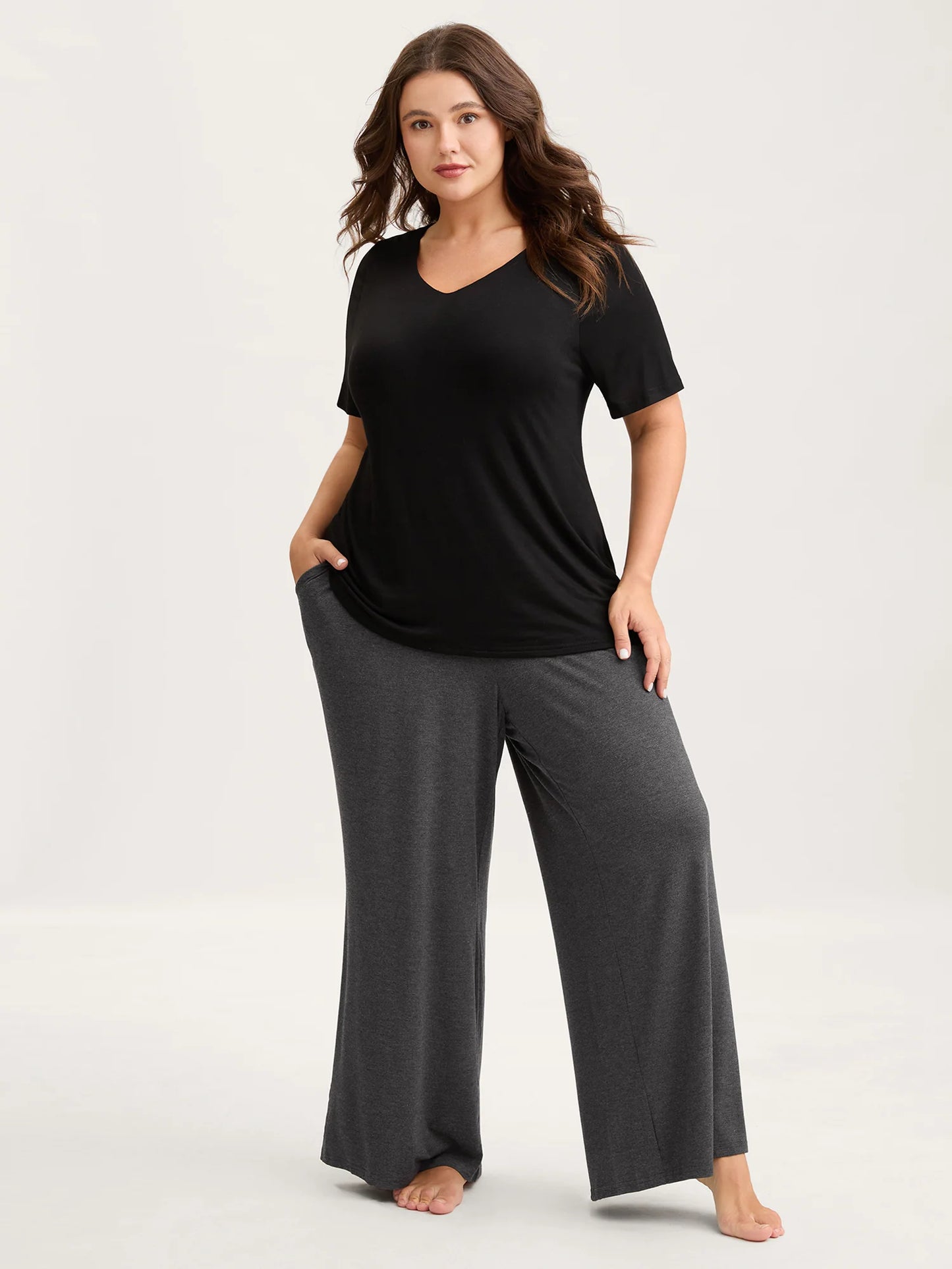 Solid Elastic Waist Wide Leg Lounge Bottoms