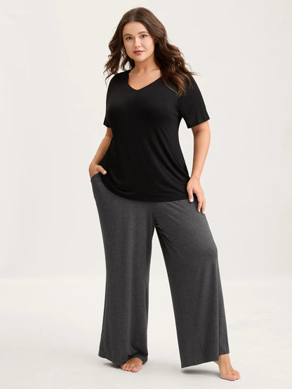 Solid Elastic Waist Wide Leg Lounge Bottoms
