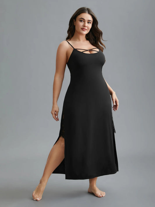 Solid Crisscross Lace Trim Slit Hem Sleep Dress