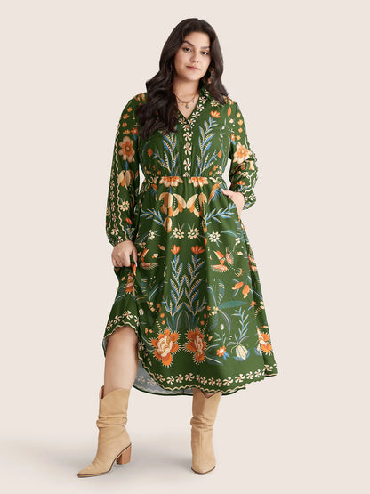 Bandana Print Pocket Lapel Collar Elastic Cuffs Dress