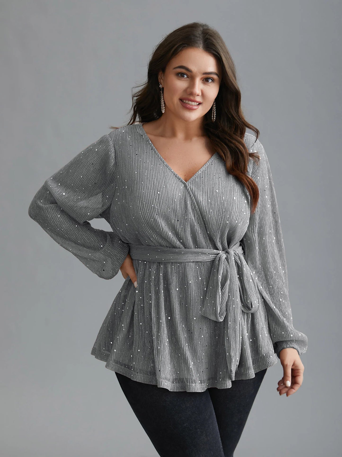 Sequin Mesh Lantern Sleeve Wrap Belted Striped Blouse