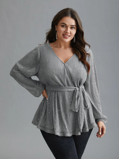 Sequin Mesh Lantern Sleeve Wrap Belted Striped Blouse
