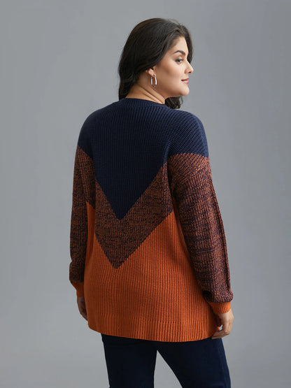Textured Balloon Sleeves Color Block Pullover