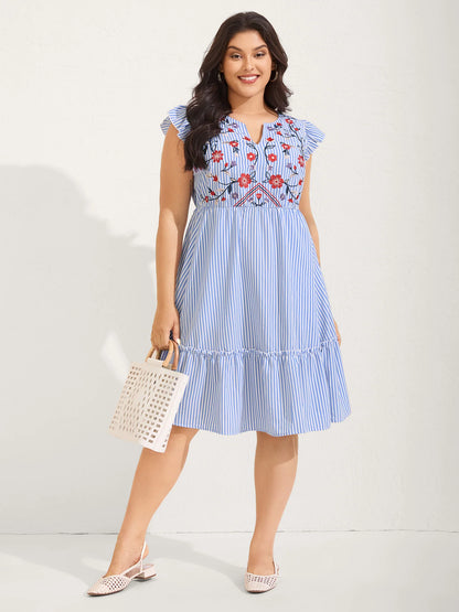 Floral Embroidery Stripes Flutter Midi Dress