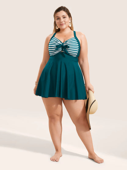 Stripes Patchwork Tie Knot Cross Straps Swim Dress