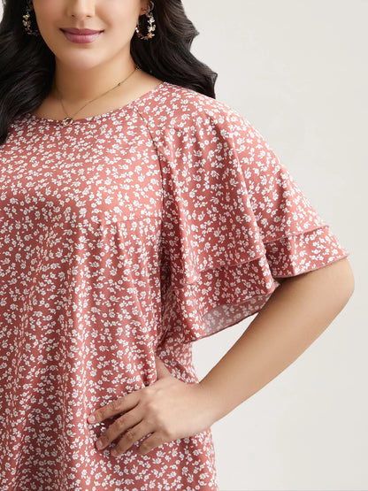 Ditsy Floral Print Tiered Lotus Leaf Sleeve Shirt