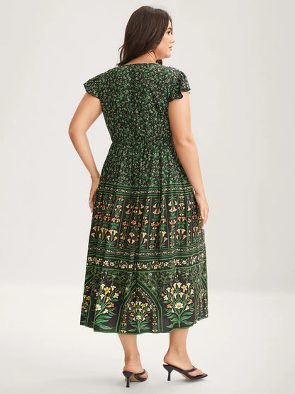 Rayon Garden Fresh Ruffled Sleeve Midi Dress