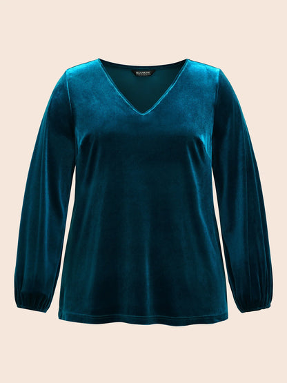 V Neck Velvet Lantern Sleeve Blouse