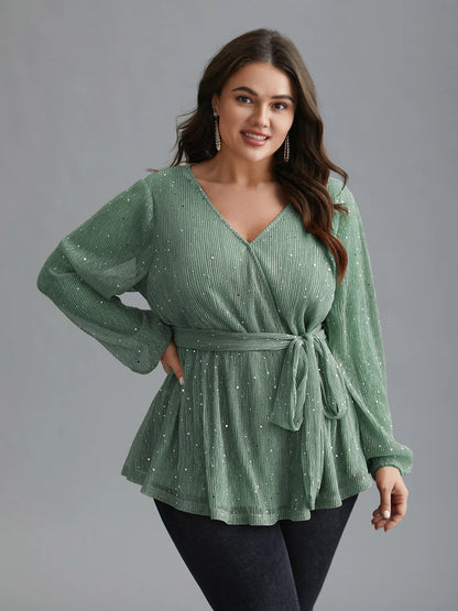 Sequin Mesh Lantern Sleeve Wrap Belted Striped Blouse