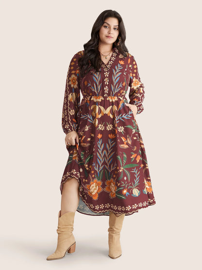 Bandana Print Pocket Lapel Collar Elastic Cuffs Dress
