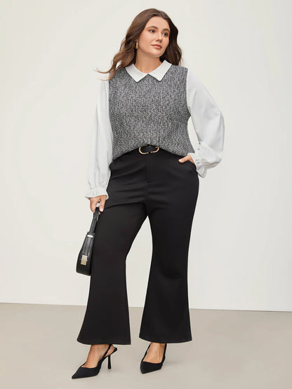 Tweed Patchwork Lantern Sleeve Blouse