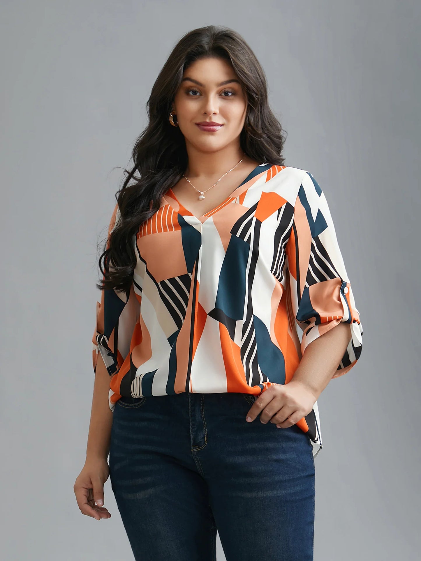 Abstract Print Tab Sleeve Blouse