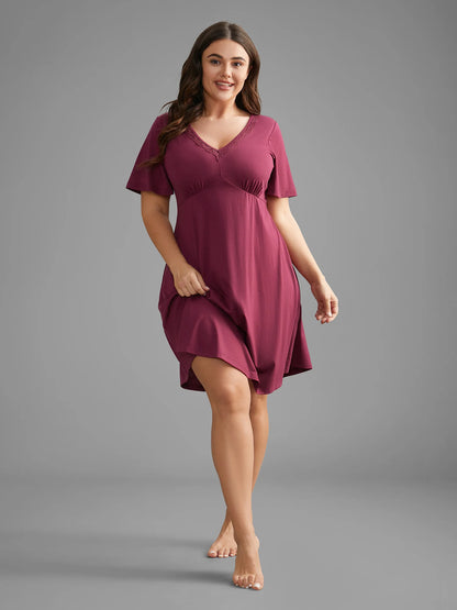 V Neck Lace Trim Sleep Ruffle Sleeve Dress