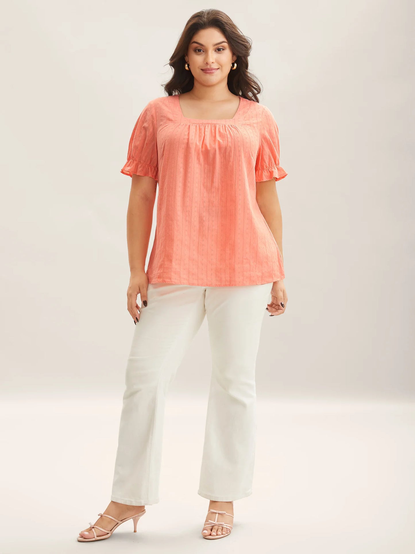 Cotton Square Neck Ruffled Sleeve Shirt