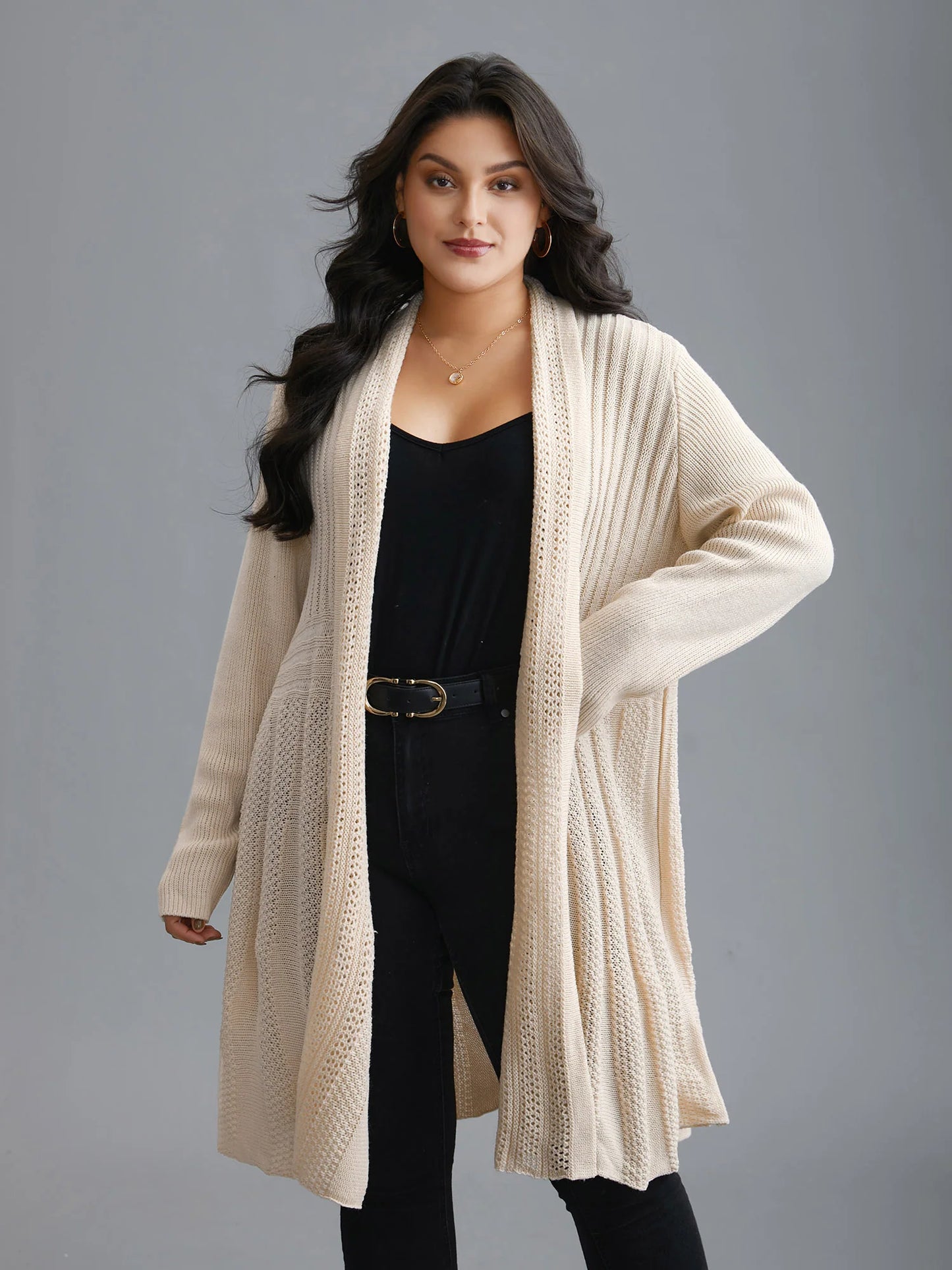 Plain Textured Kimono Collar Cardigan