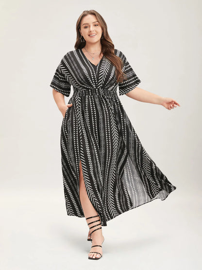 Solid Geometric Dolman Sleeve Pocket Shirred Split Hem Dress