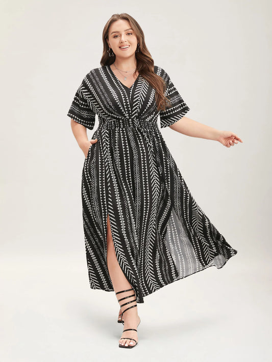 Solid Geometric Dolman Sleeve Pocket Shirred Split Hem Dress