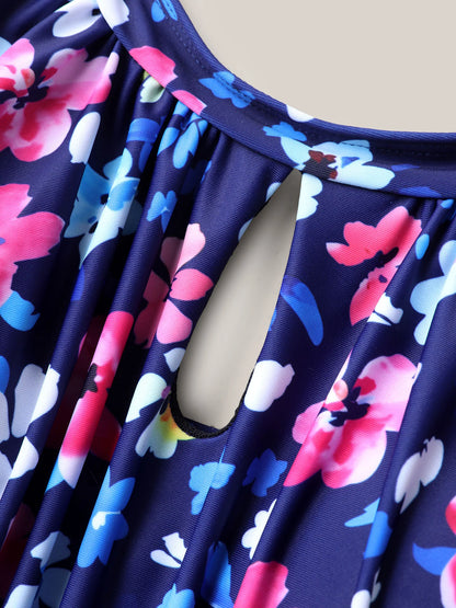 Floral Print Keyhole Pockets Swim Romper