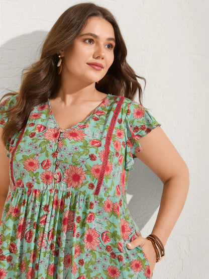 Sweet Floral Lace Trim Tiered Maxi Dress