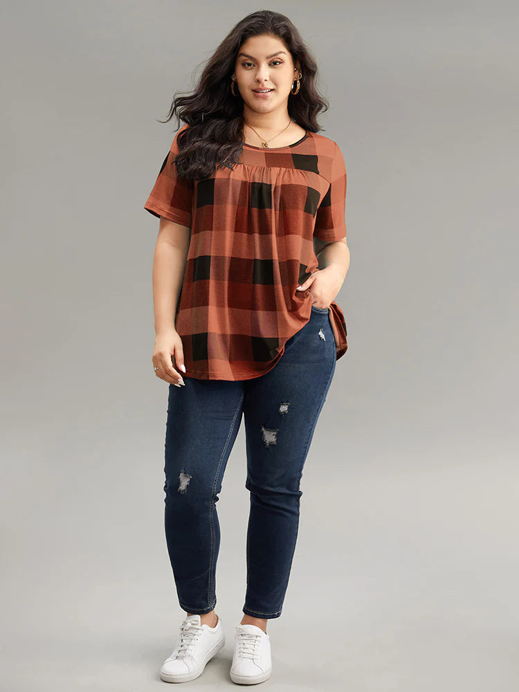 Plaid Round Neck Gathered T-shirt