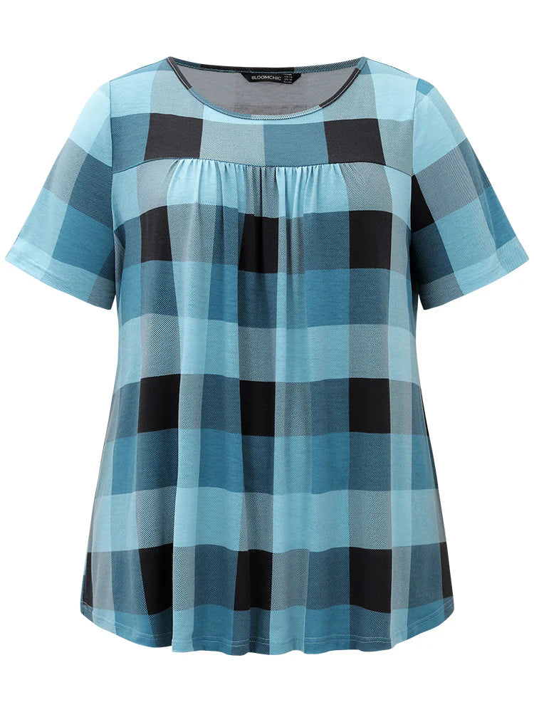 Plaid Round Neck Gathered T-shirt