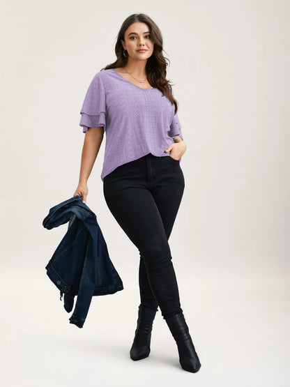 Jacquard Textured Lotus Leaf Sleeve Top