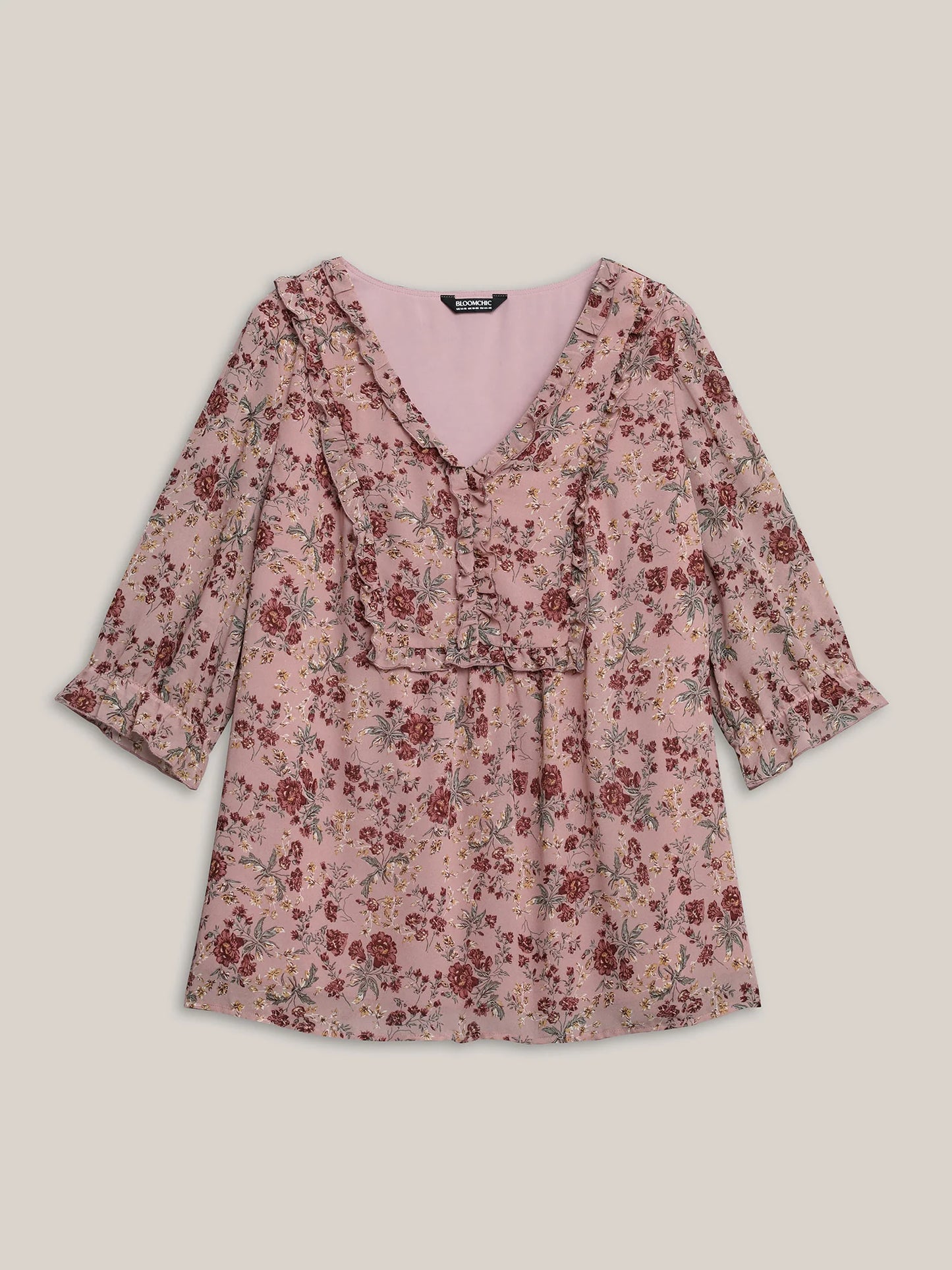 Chiffon Floral Print Ruffled Neck Flowy Shirt