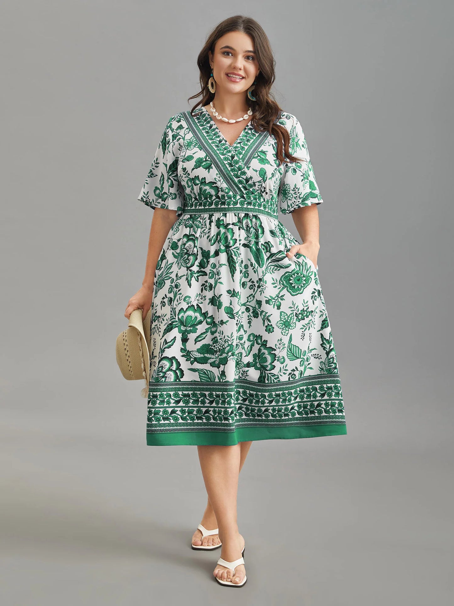 Floral Print Wrap-Neck Pocket Midi Dress