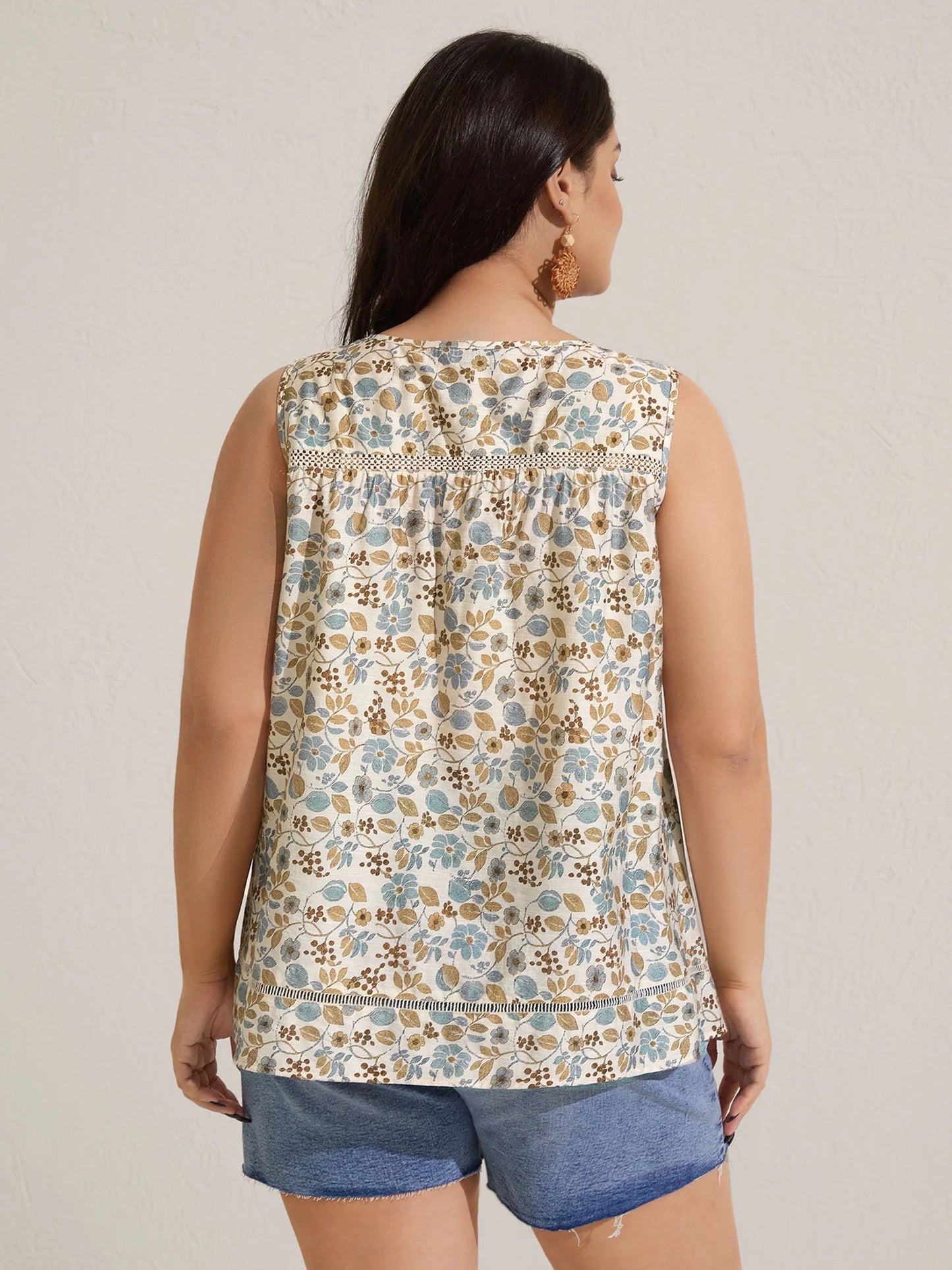 Lace Trim Spliced Floral Print Tank Top