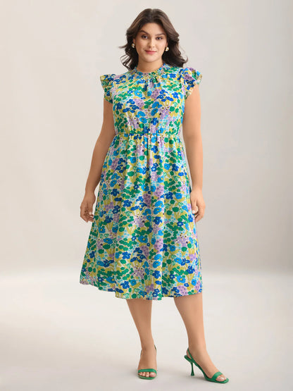 Floral Print Shirred Pockets Midi Dress