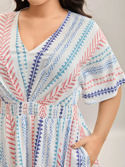 Solid Geometric Dolman Sleeve Pocket Shirred Split Hem Dress