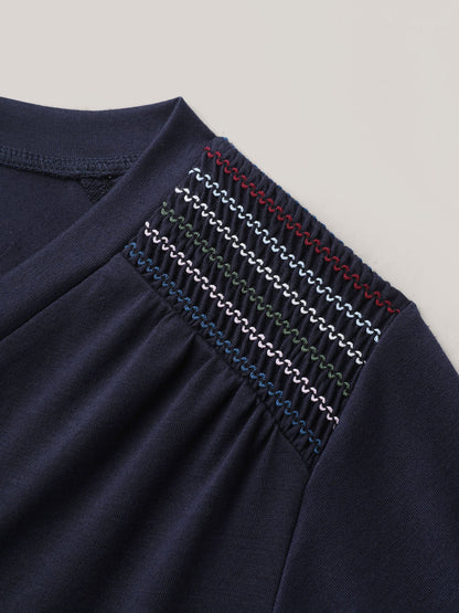 Stretchy Colorful Spliced Shirred T-Shirt
