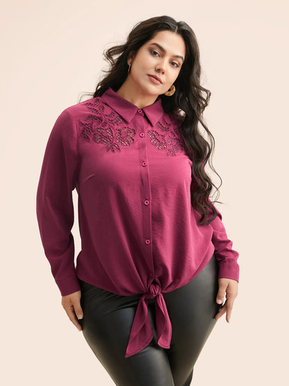 Shirt Collar Broderie Anglaise Tie Knot Blouse