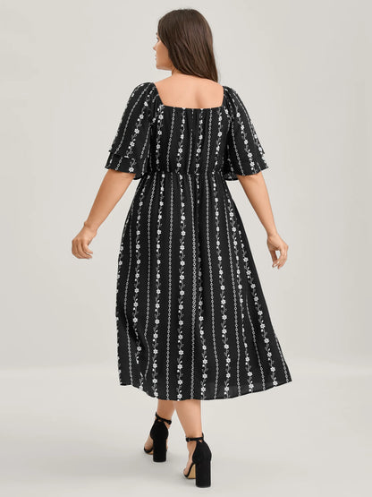 Floral Stripes Layered Ruffle Sleeve Midi Dress