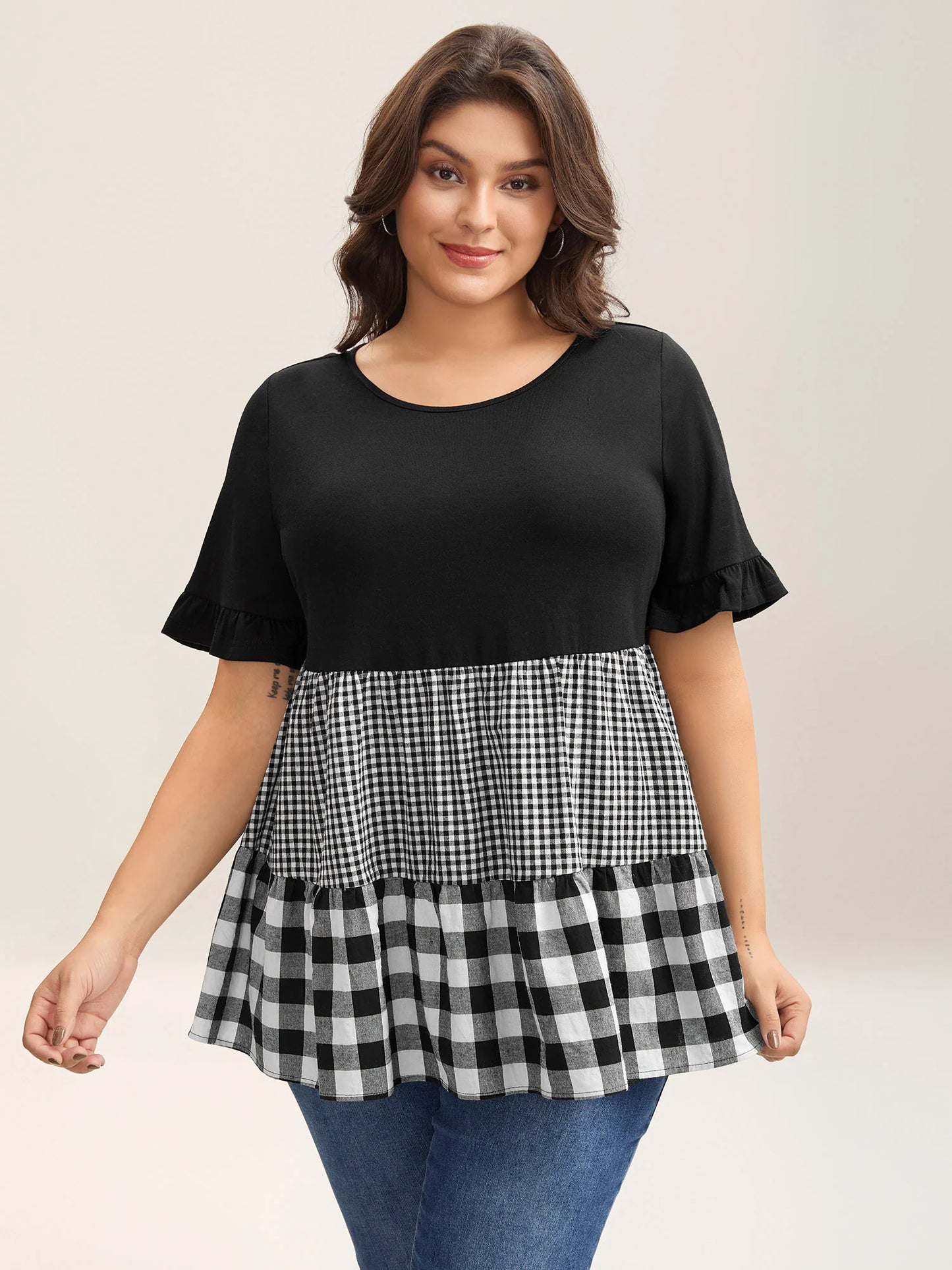 Mixed Print Round Neck Doll T-Shirt