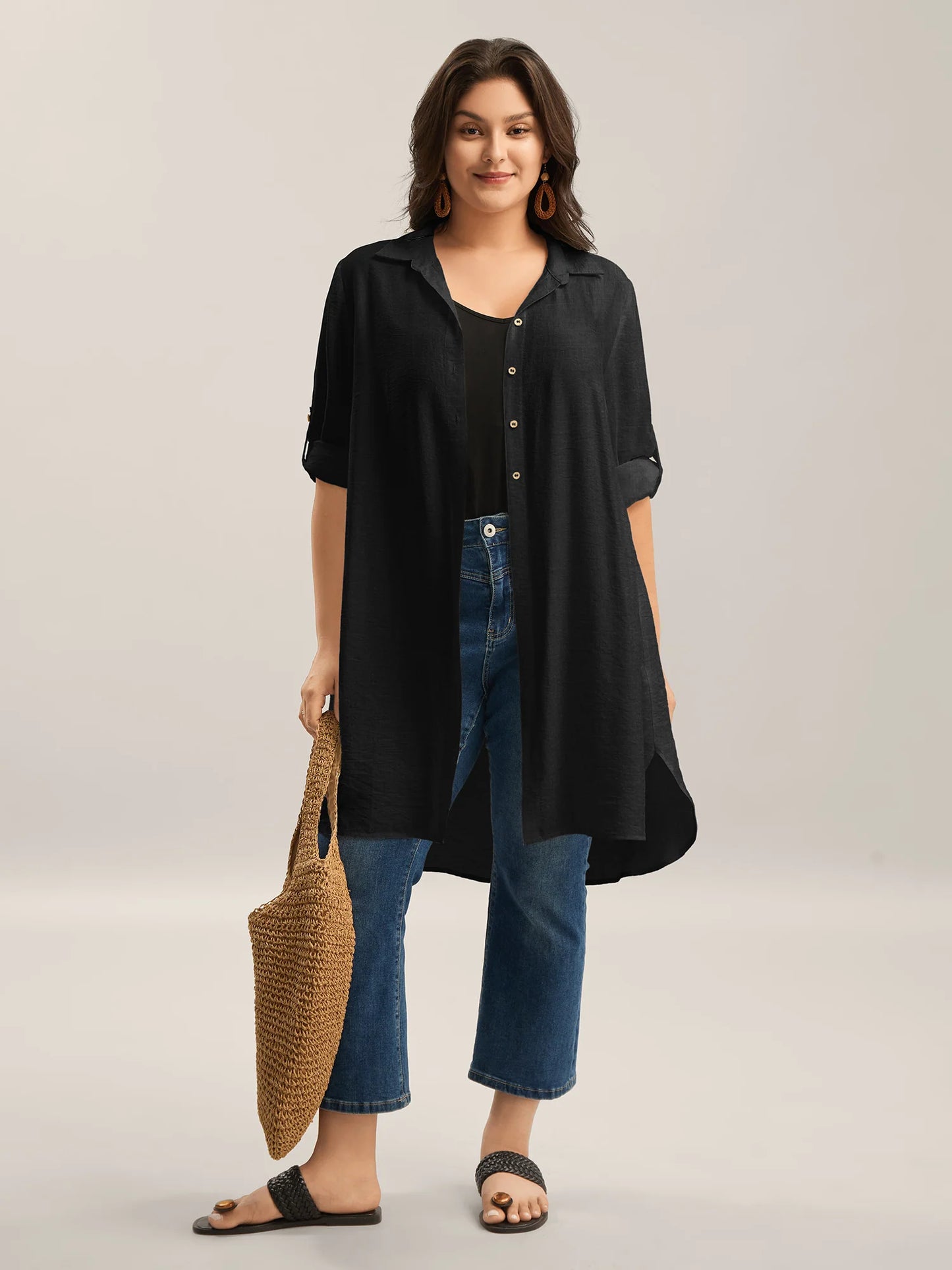 Front-Open Long Basic Blouse