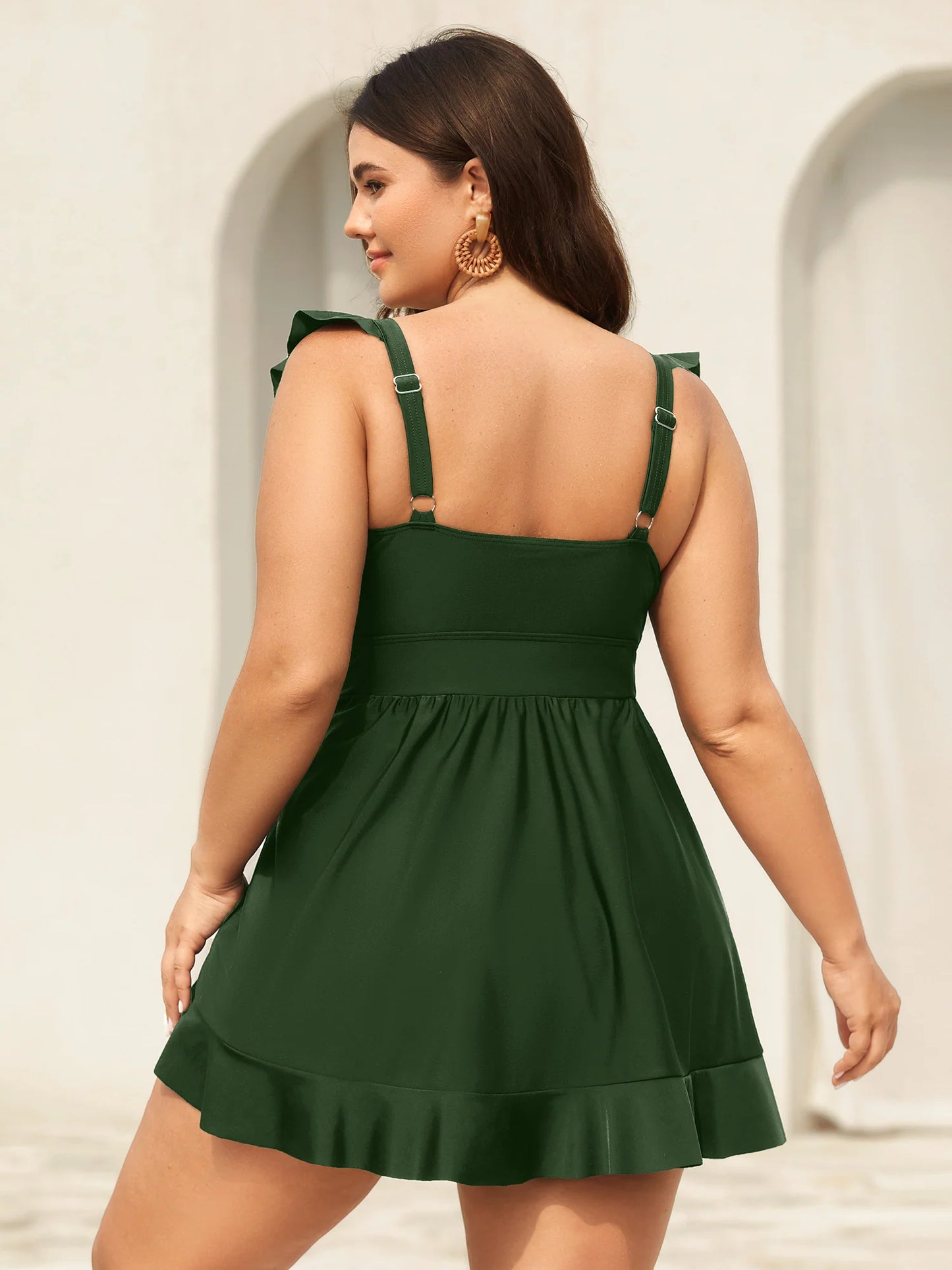 Ruffled Hem Flutter Sleeve Drawstring Swim Dress