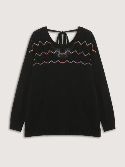 Ripple Textured Sheer Neck Backless Pullover