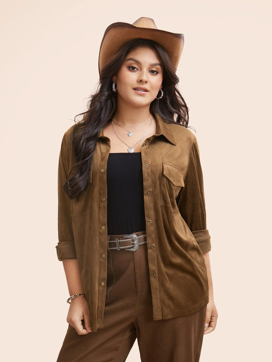 Stretchy Suede Pockets Slim-Fit Blouse