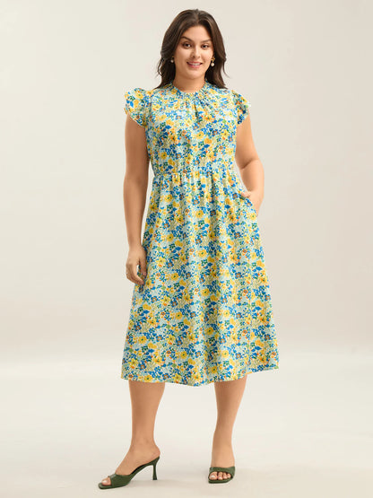 Floral Print Shirred Pockets Midi Dress