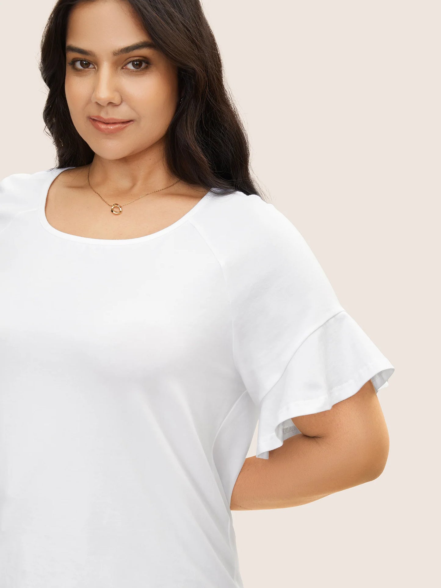 Cotton Round Neck Plain Patchwork Ruffles T-shirt