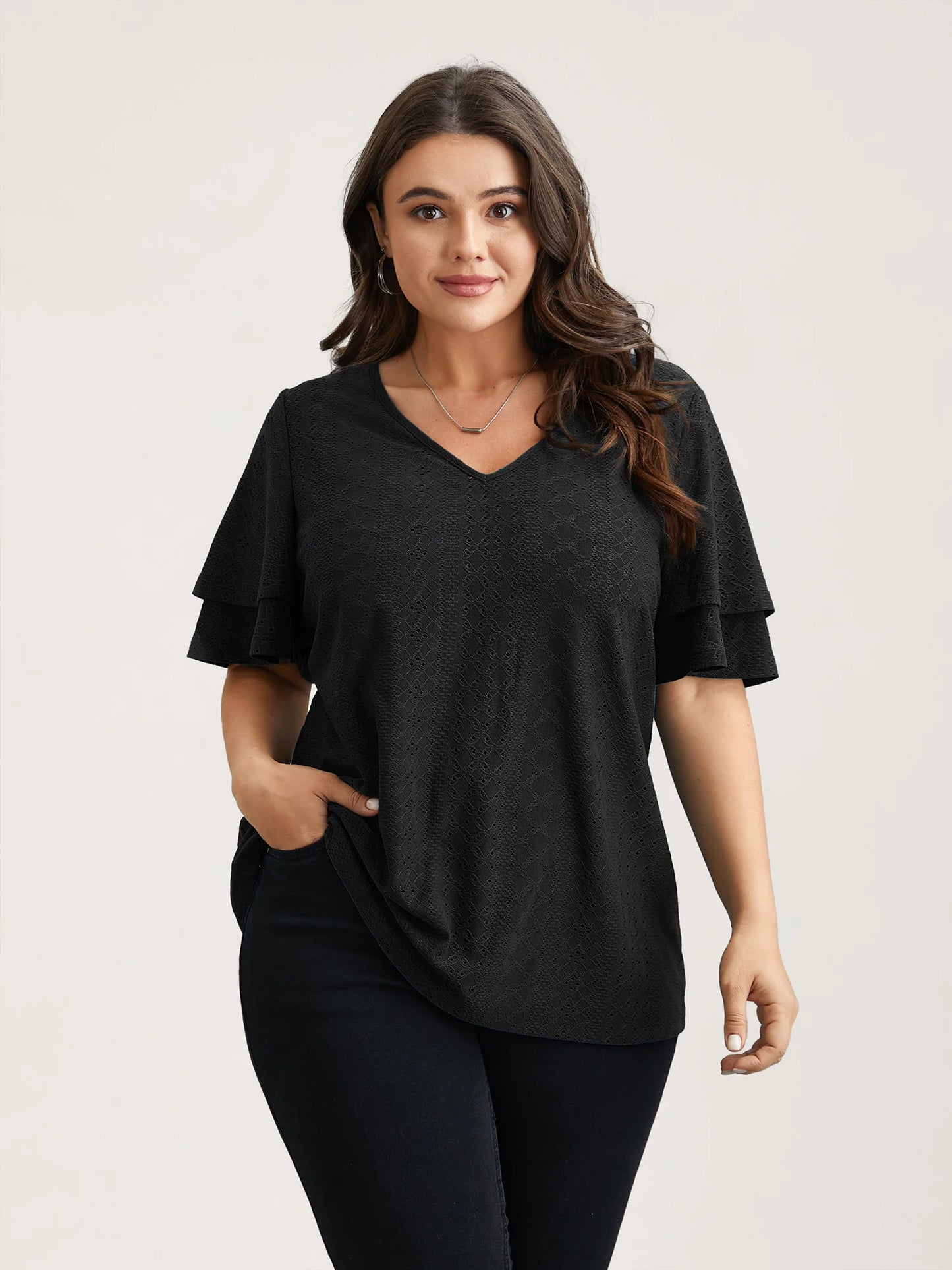 Jacquard Textured Lotus Leaf Sleeve Top