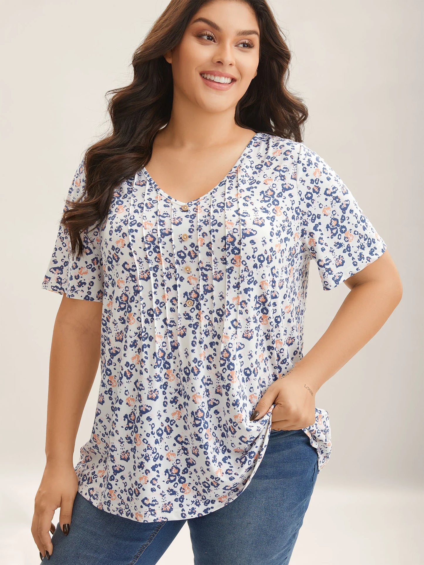 Floral Print Plicated Detail T-Shirt